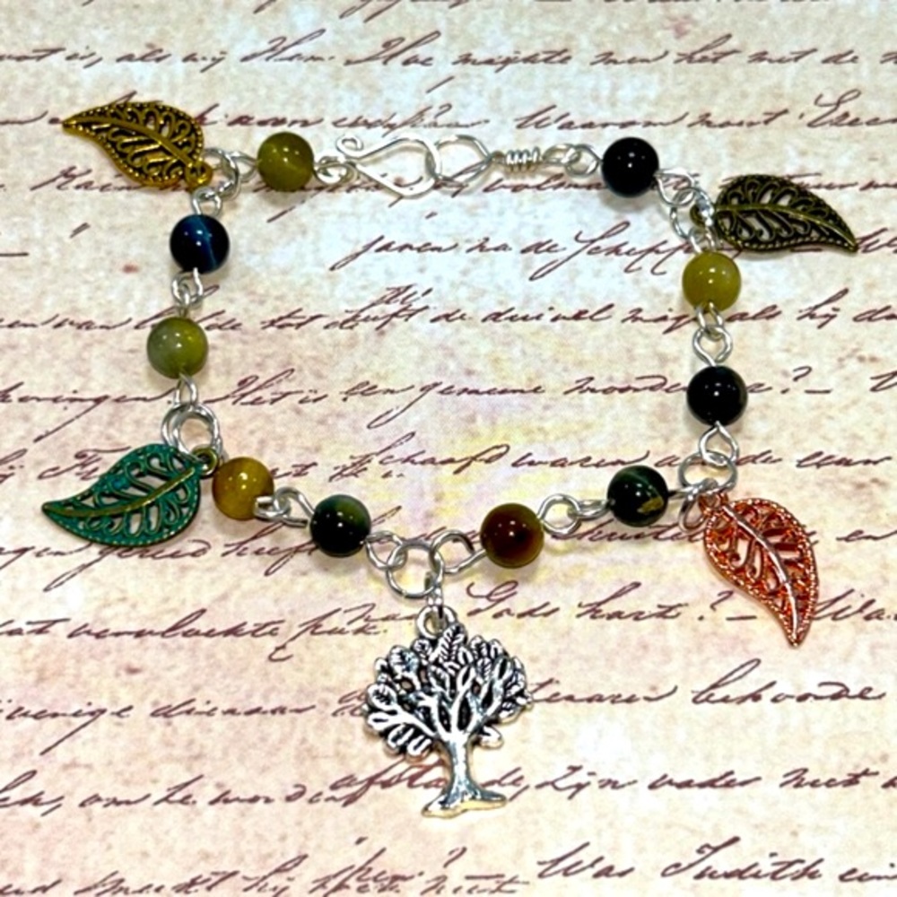 Handmade Tree & Leaf Charm Bracelet with Natural Tiger Eye Stones!
